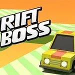 The image features a colorful, low-poly yellow car with a red stripe, set against a background of green and white striped hills, accompanied by the bold text DRIFT BOSS