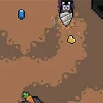 A pixel art scene featuring a character with a shield, collecting items like a blue gem, a banana, and a carrot in a dirt terrain