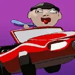 A cartoonish character with a round head and cap is driving a small red convertible car against a vibrant purple background, displaying a humorous and playful scene