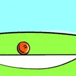 A simple illustration featuring a green hill with a white curved object and an orange ball placed on top, set against a light blue sky