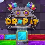 The image features a colorful game interface for Drop It, showcasing vibrant, stacked blocks in various colors and a whimsical character at the top with gemstones on its head