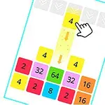 An interactive puzzle game grid showing numbered tiles in various colors (2, 4, 8, 16, 32, 64) with an arrow indicating a move and a hand icon, suggesting gameplay mechanics similar to the game 2048