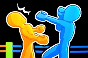 A blue and orange stick figure are engaged in a boxing match, with the blue figure throwing a punch at the orange figure, against a dark background featuring a colorful boxing ring