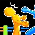 A blue and orange stick figure are engaged in a boxing match, with the blue figure throwing a punch at the orange figure, against a dark background featuring a colorful boxing ring