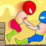 A colorful cartoon-style image depicting two caped wrestlers in a dynamic clash, one wearing a red outfit and the other blue, set against a bright yellow background with a simple landscape