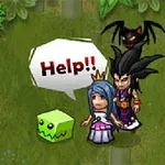 A colorful pixel art scene featuring a hero with a sword, a princess in a white dress, a villain in dark attire, and a green, cube-shaped creature asking for help, set against a lush, green background