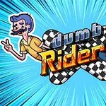 The image features a colorful, comic-style logo for Dumb Riders, showcasing two cartoon characters in dynamic poses against a burst background, with a checkered pattern and bold typography emphasizing the games title