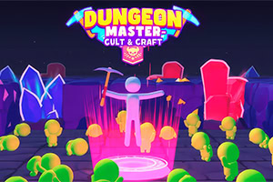 Colorful neon 3D scene with a stick figure holding a pickaxe on a glowing platform, surrounded by gem-like rocks and trees, with DUNGEON MASTER: CULT & CRAFT text above