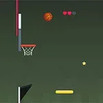 A minimalist basketball-themed game interface featuring two hoops, a bouncing basketball, a yellow paddle, and hearts indicating lives, with a star collectible in the center