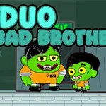 Two cartoonish green characters with exaggerated features, one larger than the other, wearing orange prison jumpsuits and standing in front of a door, along with the title DUO BAD BROTHERS prominently displayed above them