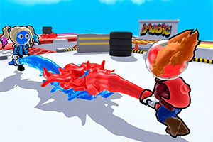 A colorful cartoon environment featuring two characters, one with blonde hair and blue attire and the other with red and white clothing, each wielding vibrant streams of blue and red liquid-like substance in a playful standoff