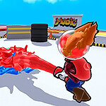 A colorful cartoon environment featuring two characters, one with blonde hair and blue attire and the other with red and white clothing, each wielding vibrant streams of blue and red liquid-like substance in a playful standoff