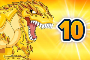 A fierce cartoon dinosaur in bright yellow, roaring with sharp teeth, accompanied by a large blue number 10 against a vibrant, sunburst background