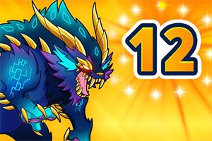 A fierce creature with blue and purple fur, adorned with bright golden spikes and sharp claws, is featured alongside the bold number 12 against a vibrant yellow background with star-like sparkles