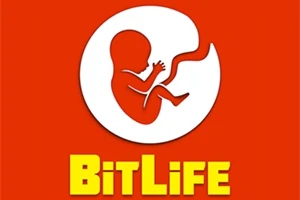 The image features the logo of the mobile game BitLife, displaying a silhouette of a fetus inside a circular shape on a vibrant orange background, with the game title in bold, yellow letters underneath