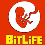The image features the logo of the mobile game BitLife, displaying a silhouette of a fetus inside a circular shape on a vibrant orange background, with the game title in bold, yellow letters underneath