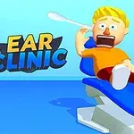 A cartoon-style boy with blonde hair sits nervously in a blue dental chair, holding his ear while a cotton swab is poised above him, accompanied by the title Ear Clinic in bold text