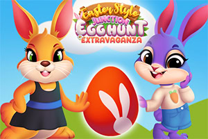 Easter Style Junction Egg Hunt Extravaganza Two cartoon-style bunnies stand on either side of a large decorated Easter egg with a prominent white bunny paw print, set against a bright blue sky and grassy landscape