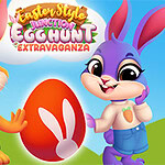 Easter Style Junction Egg Hunt Extravaganza Two cartoon-style bunnies stand on either side of a large decorated Easter egg with a prominent white bunny paw print, set against a bright blue sky and grassy landscape