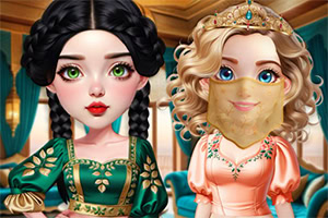 Two animated women with distinct hairstyles and outfits stand side by side in an elegant room, one with black braided hair and a green dress, and the other with blonde curls and a pink gown, wearing a decorative mask