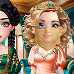Two animated women with distinct hairstyles and outfits stand side by side in an elegant room, one with black braided hair and a green dress, and the other with blonde curls and a pink gown, wearing a decorative mask