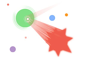 Green target circle shooting a red streak toward a red burst, surrounded by small colored dots on a white background
