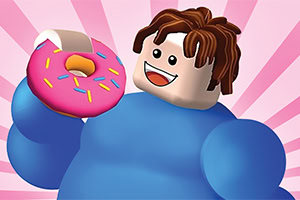 A cheerful, cartoonish character with curly hair is holding a pink frosted donut with sprinkles against a vibrant, sunburst background