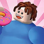 A cheerful, cartoonish character with curly hair is holding a pink frosted donut with sprinkles against a vibrant, sunburst background