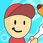 A cheerful cartoon character in a red cap holds a spatula with a flying hot dog against a bright blue background, emphasizing a fun cooking or grilling theme