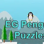 A cute cartoon penguin stands on a snowy landscape with green trees and mountains in the background, accompanied by the text EG Penguin Puzzles