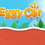 A colorful cartoon-style graphic featuring the title Eggy Car with a smiling egg character driving a red vehicle, set against a bright blue sky and green mountains