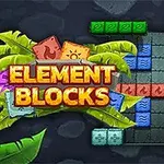 A colorful, tropical-themed puzzle game board titled Element Blocks, featuring various shaped blocks in vibrant colors arranged in a grid pattern, surrounded by green leaves against a dark background