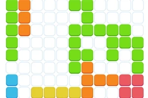 A colorful grid puzzle featuring variously shaped blocks in green, orange, blue, and red, arranged in a partially filled game board layout