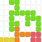 A colorful grid puzzle featuring variously shaped blocks in green, orange, blue, and red, arranged in a partially filled game board layout