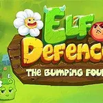 The image features a colorful and playful logo for the game Elf Defence, showcasing vibrant characters like a smiling flower, an angry fruit, and a cute green creature, set against a lush, cartoonish background