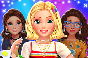 Three stylized female characters with diverse hairstyles and outfits, brightly posed against a colorful, starry background