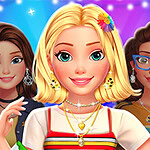Three stylized female characters with diverse hairstyles and outfits, brightly posed against a colorful, starry background