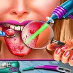 A cartoonish close-up of a womans mouth showing dental tools, a tongue with a red spot, and a colorful toothbrush, depicting a dental care or treatment scenario