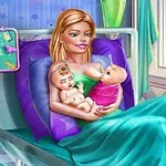 A smiling woman in a hospital setting is holding newborn twins, one wrapped in a pink blanket and the other cradled in her arms, with colorful decor in the background and the title Ellie Twins Birth prominently displayed