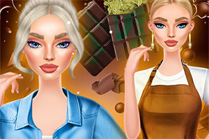Two stylized female characters are featured in the image, one with long blonde hair and bold makeup wearing a casual blue shirt, and the other with a ponytail and wearing an apron, both set against a backdrop of chocolate and decorative elements