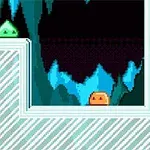 A colorful pixel art scene featuring two cartoonish slime characters, one green and one orange, positioned in a stylized cave-like environment with ice-blue accents and a dark background