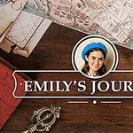 The image features a wooden table displaying maps, a smartphone with chat messages, a compass, and a portrait of a woman in a blue hat, all centered around the title Emilys Journey