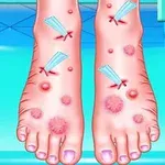 The image depicts two cartoonish feet with various sores and wounds, some covered with bandages, set against a colorful background resembling a medical environment