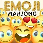 Colorful and diverse emojis, featuring expressions like happiness and love, are displayed prominently with the text EMOJI MAHJONG above them on a light background