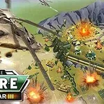 A digital artwork depicting a helicopter flying over a battlefield with explosions and military structures, featuring the logo for the game Goodgame Empire: World War III