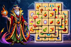 A wizard in ornate robes stands beside a grid of decorative tiles featuring various colorful items, including fruits, mushrooms, and potions, all set against a mystical background