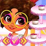 A cheerful character with curly hair and oversized glasses stands in front of colorful dessert stands filled with different toppings, inviting users to customize their treats in a playful, vibrant setting