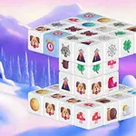 A colorful, 3D Mahjong-style game setup featuring themed tiles with images of animals, nature, and objects set against a snowy mountain background