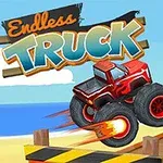 A vibrant illustration of a red monster truck jumping off a ramp on a sunny beach, with palm trees and cartoonish money icons in the background, accompanied by the title Endless Truck in a playful font