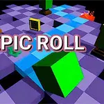 A colorful, three-dimensional game scene featuring a grid layout with various geometric shapes and the text EPIC ROLL prominently displayed in the center